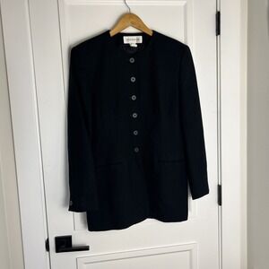 Vintage Wool Coat Jones New York 100% Jacket Black Size 12 USA-Made Button Lined